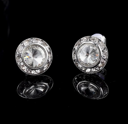 15mm Clip-On Rhinestone Crystal Earrings - Silver White