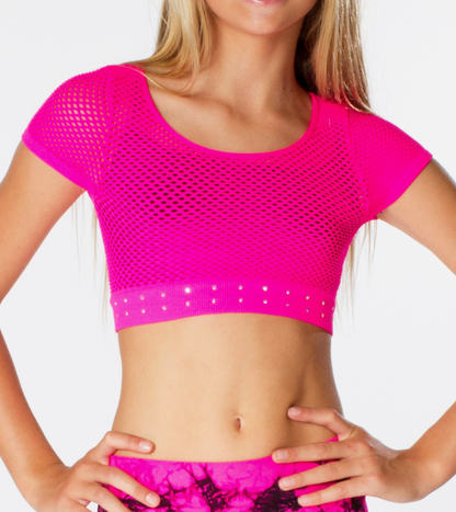 Youth Crop Mesh Top With Rhinestone Band - Hot Pink