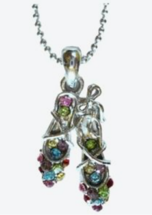 Silver Ballet Slippers Necklace With Multi Colored Rhinestones