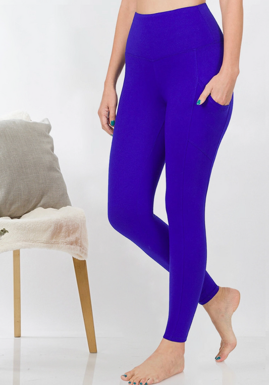 Women's Royal Blue Microfiber Leggings With Waistband & Pockets